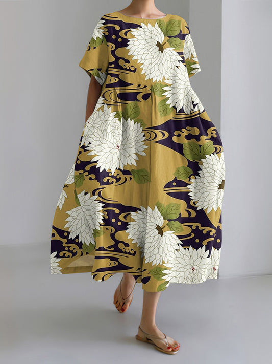 Japanese Art Flower Print Short Sleeve Casual Midi Dress
