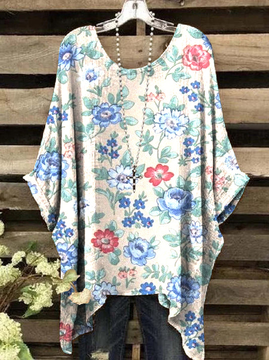 Women's Vintage Rustic Two Color Floral Pattern Round Neck Top