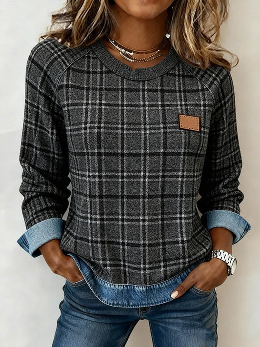 Women's Casual Round Neck Plaid Printed Panel Top 