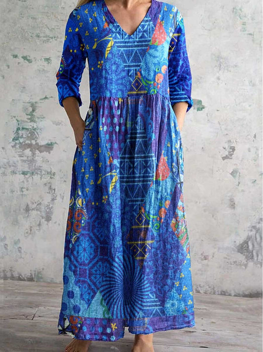 Women's Bohemian Split Geometric Floral Pattern V Neck Cotton and Line