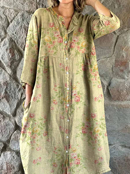 Women's Elegant Simple Floral Pattern Shirt Cotton and Linen Dress wit