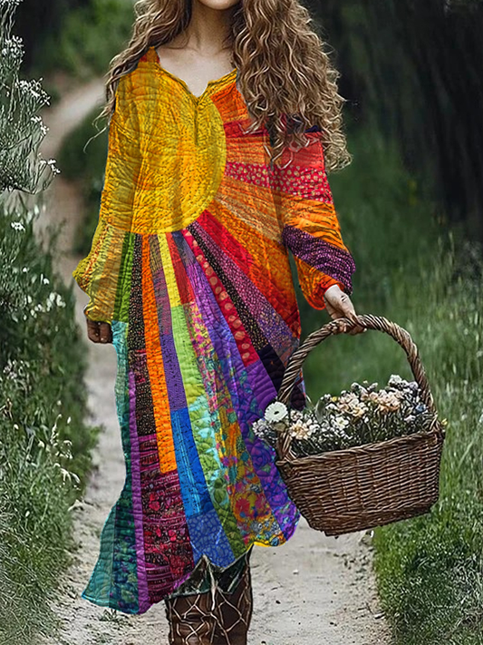 Vintage Floral Art Print V-Neck Elegant Chic Loose Long Sleeve Midi Dr