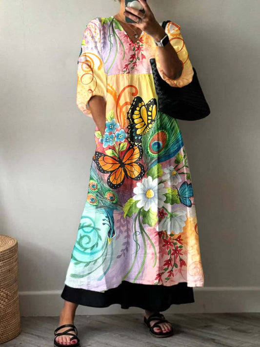 Women's Butterfly Flower Floral Pattern Cotton Dress