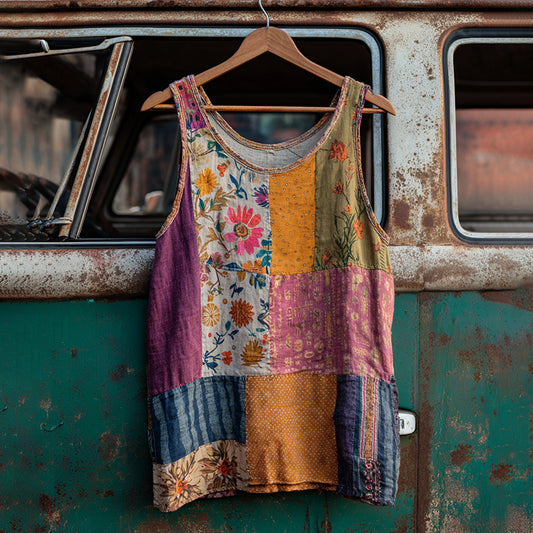 Countryside Style Collection Classy Patchwork Floral Pattern Art Linen Tank Top