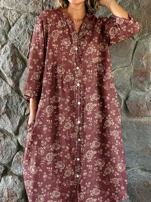 Women's Elegant Simple Rose Floral Stripe Pattern Cotton and Linen Shi