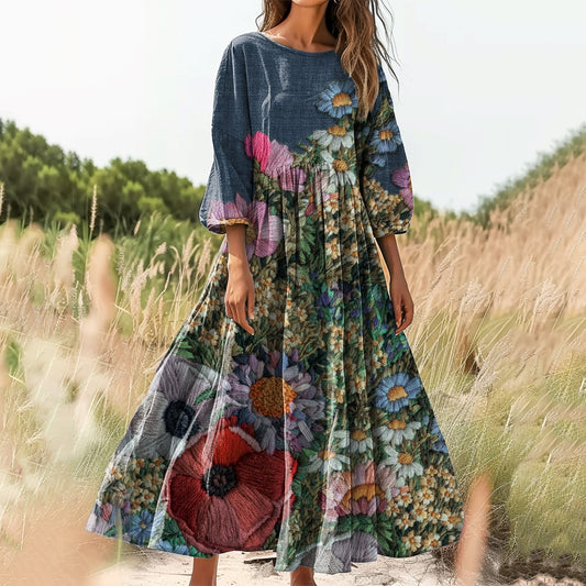 Women's Floral Art Print Cotton Crew Neck Dress