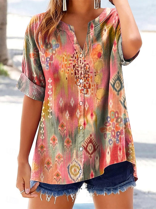 Women's Bohemian Flower Art Print Casual Short Sleeve Cotton and Linen