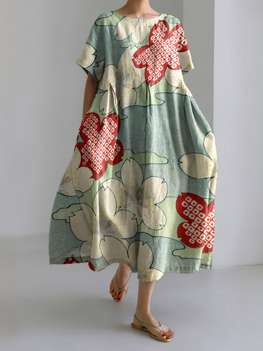 Japanese Art Flower Print Short Sleeve Loose Midi Dress