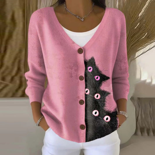 Funny Cats Art Print Buttoned V-neck Cardigan Sweater