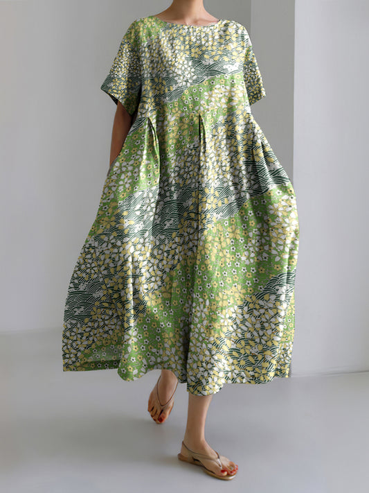 Japanese Art Floral Chiyogami Painting Print Linen Blend Dress