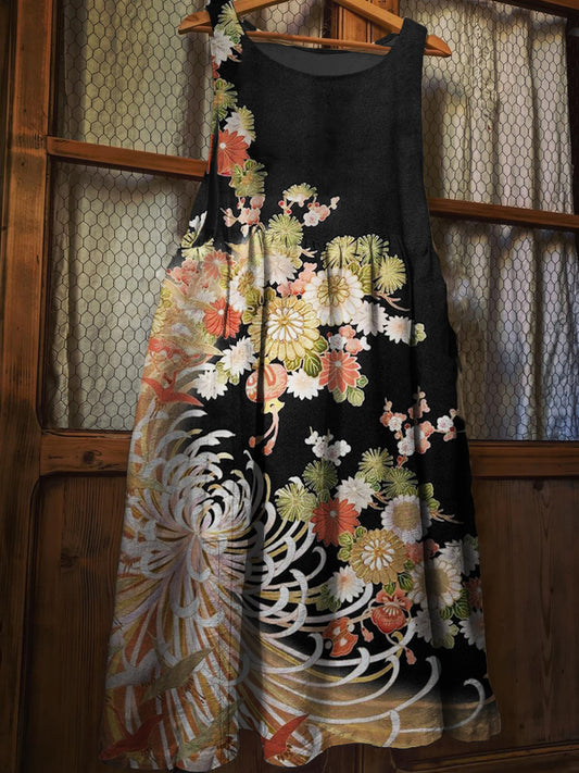 Chrysanthemum Floral Japanese Art Linen Blend Pinafore Dress