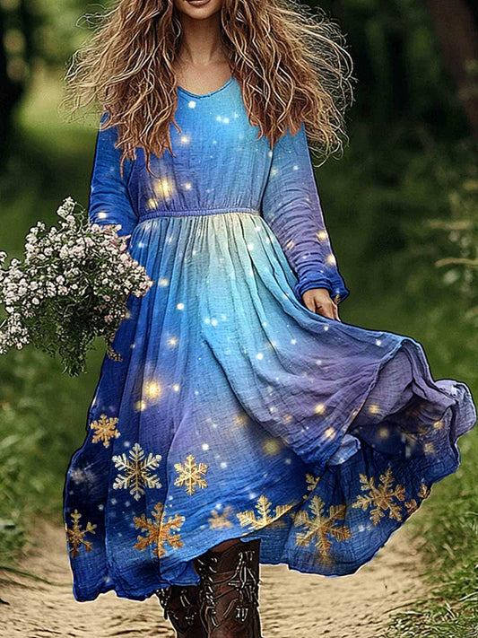 Women's Christmas Tree Pattern Cotton and Linen Dress
