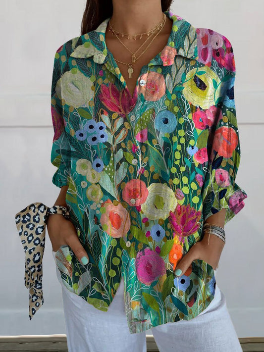 Women's  Vintage Flower Print Casual Linen V-neck Shirt