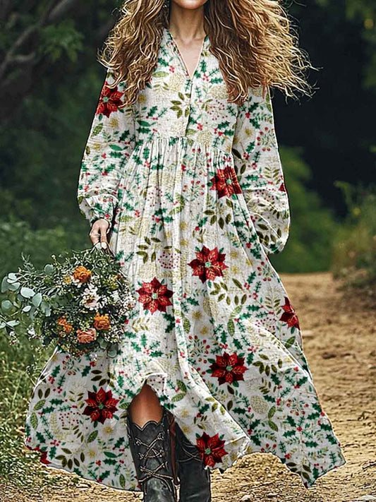 Women's Christmas Vintage Art Floral Pattern Cotton And Linen Dress