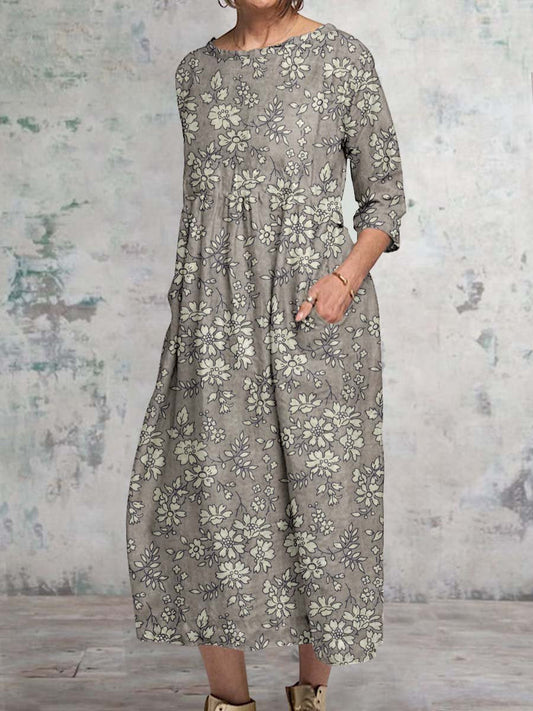 Women's Classic Floral Pattern Round Neck Cotton and Linen Top with Pockets