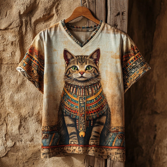 Retro Ancient Egyptian Cute Cat Art Linen Cotton Blend T-shirt