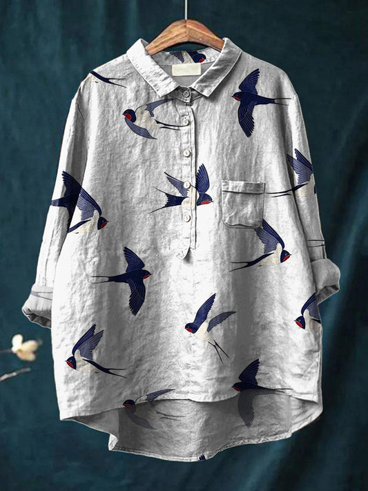 Flying Swallow Repeat Pattern Printed Women's Casual Cotton And Linen Shirt