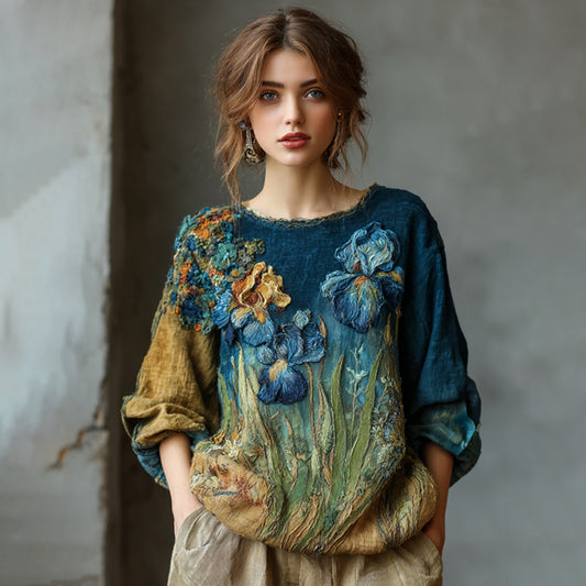 Women's Oil Painting Iris Embroidery Art Round Neck Linen Blend T-shirt