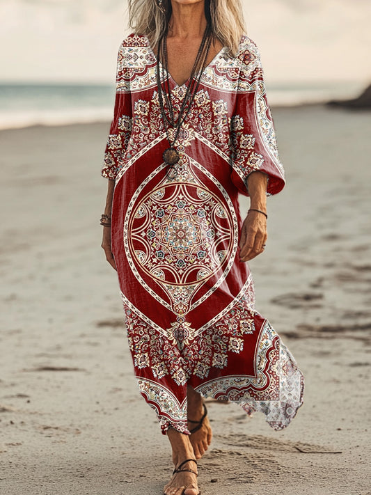 Women's Ethnic Pattern Art Print Pocket Cotton Dresses
