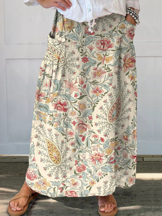 Women's Retro Paisley Flower Print Linen Pocket Skirt