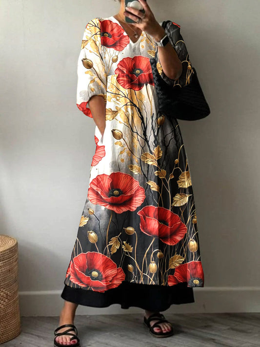 Women'S Poppy Vintage Floral Pattern Cotton Dress