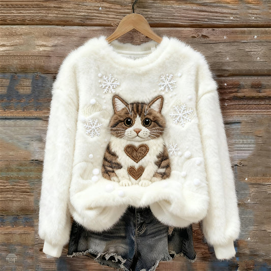 Cat With Heart Patterns Snowflakes Embroidered Cozy Plush Sweatshirt