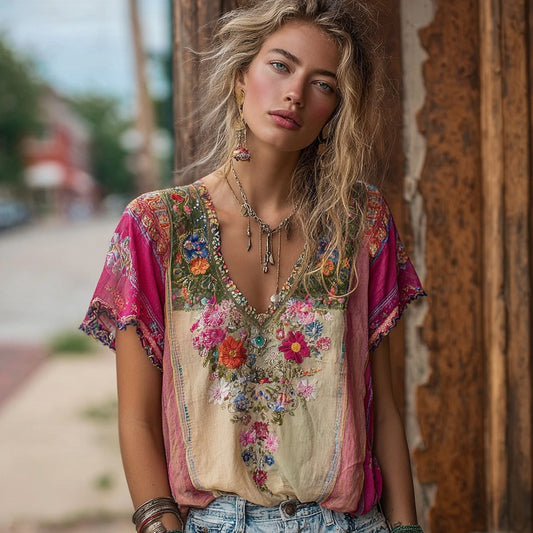 Women's Bohemian Floral Embroidery Art V-neck Contrast Color Linen Blend T-shirt