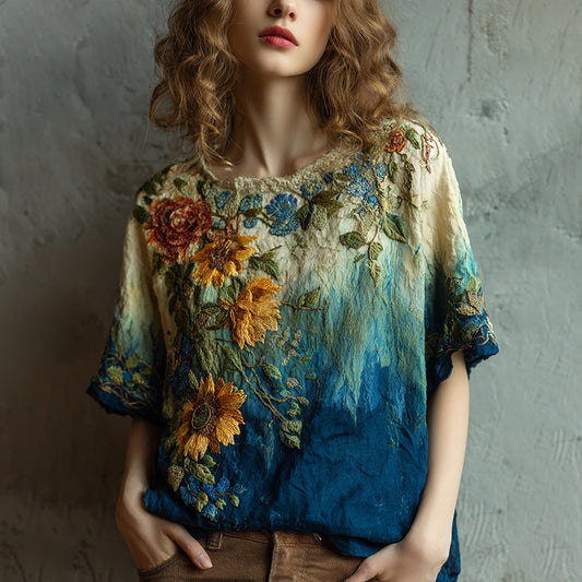 Women‘s Vintage Flower Embroidery Gradient Round Neck Linen Blend T-shirt