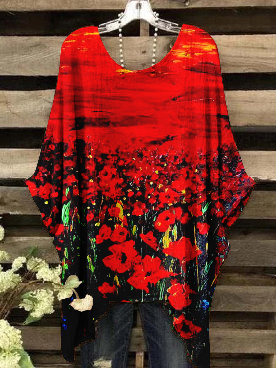 Women's Oil Painting Poppy Flower Abstract Pattern Design Print Top