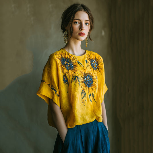 Sunflower Hand-beaded Embroidery Oil Painting Style Linen T-shirt