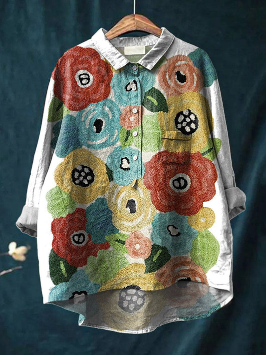 Vintage Lovely Floral Art Print Casual Cotton And Linen Shirt