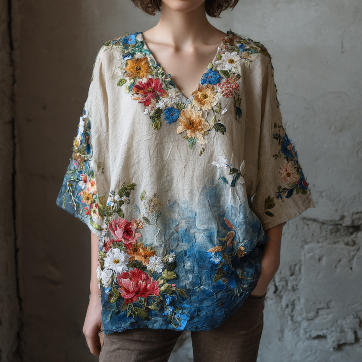 Women's Vintage Flower Embroidery Art V-neck T Shirt