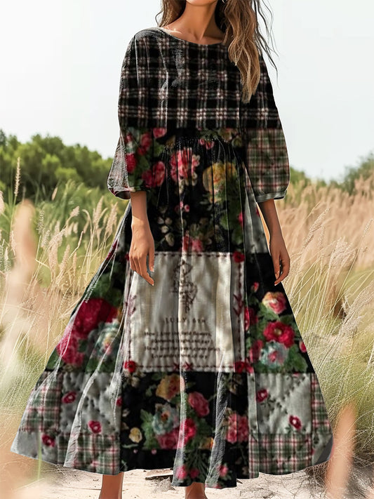 Women's Vintage Floral Art Print Flowy Cotton Crew Neck Dress