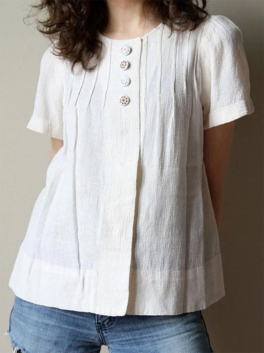 Women's Cotton&Linen Round Neck Pleated T-Shirt 