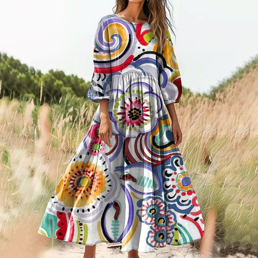 Women's Floral Art Print Cotton Crew Neck Dress