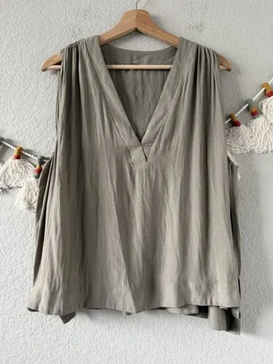 Summer Women's Cotton&Linen Sleeveless V-Neck T-Shirt 