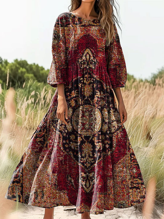 Women's Ethnic Tattoo Pattern Art Print Cotton Round Neck Dress