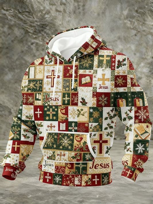 Men's Casual Retro Print Long Sleeve Hooded Sweatshirt 