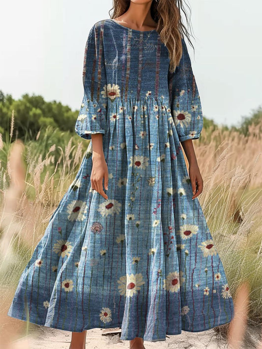 Women's Vintage Floral Art Print Crew Neck Pocket Cotton Dress