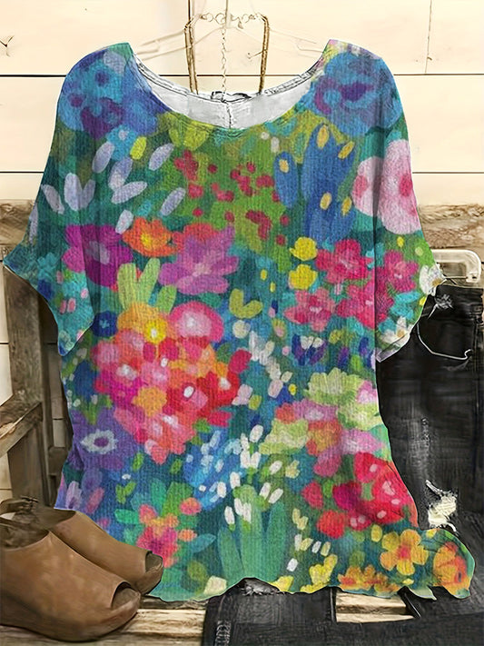 Vintage Floral Art Print Casual Linen Blend Shirt