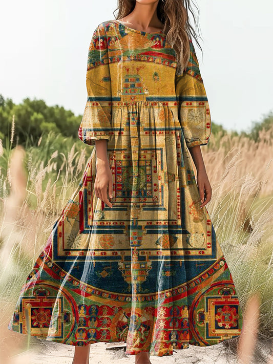 Women's Vintage Ethnic Floral Art Print Flowy Cotton Crew Neck Dress