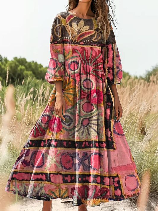 Women's Vintage Ethnic Floral Art Print Flowy Cotton Crew Neck Dress