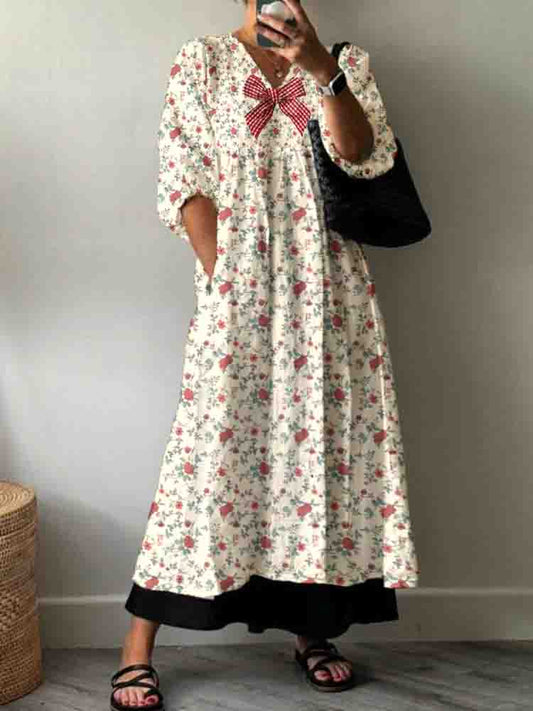 Women'S Holiday Elegant Bow Floral Pattern Cotton Dress