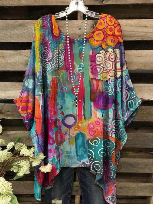 Women's Oil Painting Abstract Print Vintage Top