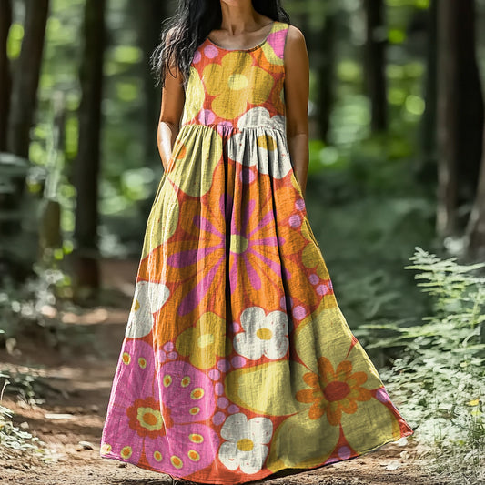 Women's Floral Art Print Crew Neck Sleeveless Cotton Pocket Dress