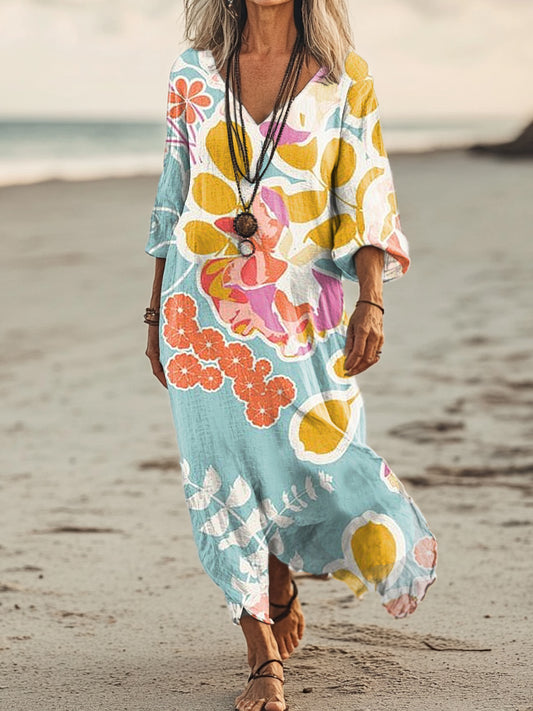 Women's Floral Art Print Pocket Cotton Dresses