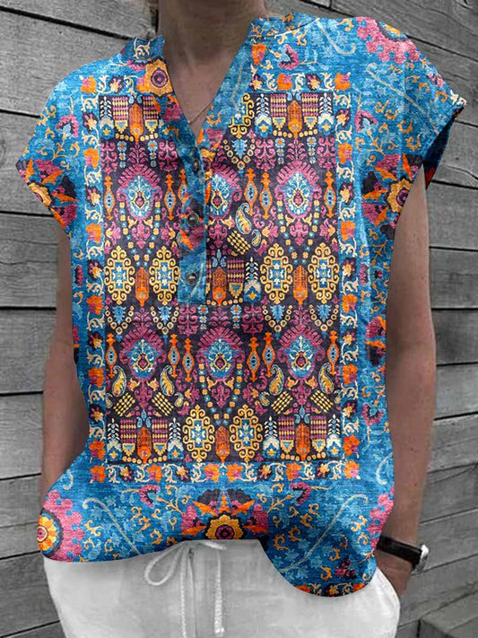Women's Classic Kantha Vintage Floral Pattern Cotton and Linen Top