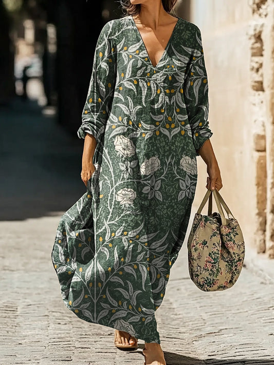 Women's Vintage Botanical Art Print Pocket Cotton Dress