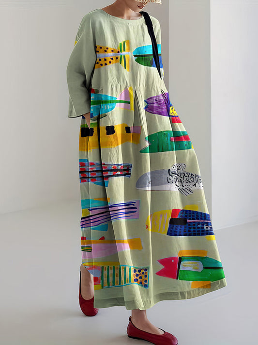 Women's Vintage Colorful Fish Printed Casual Long Sleeve Midi Dress