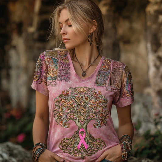 Celtic Tree Of Life & Pink Ribbon Embroidered Retro T Shirt